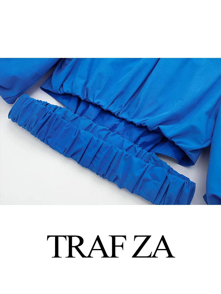 TRAF ZA Azul Marinho Elegante Tendência de Algodão Roupas femininas de Moda Premium Puff Manga Cortada Superior Plissado Saia Longa Senhora Terno Imagem 4