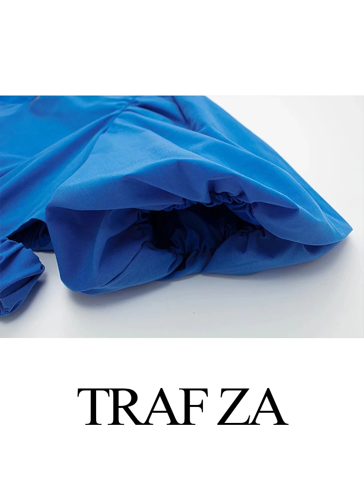 TRAF ZA Azul Marinho Elegante Tendência de Algodão Roupas femininas de Moda Premium Puff Manga Cortada Superior Plissado Saia Longa Senhora Terno Imagem 5