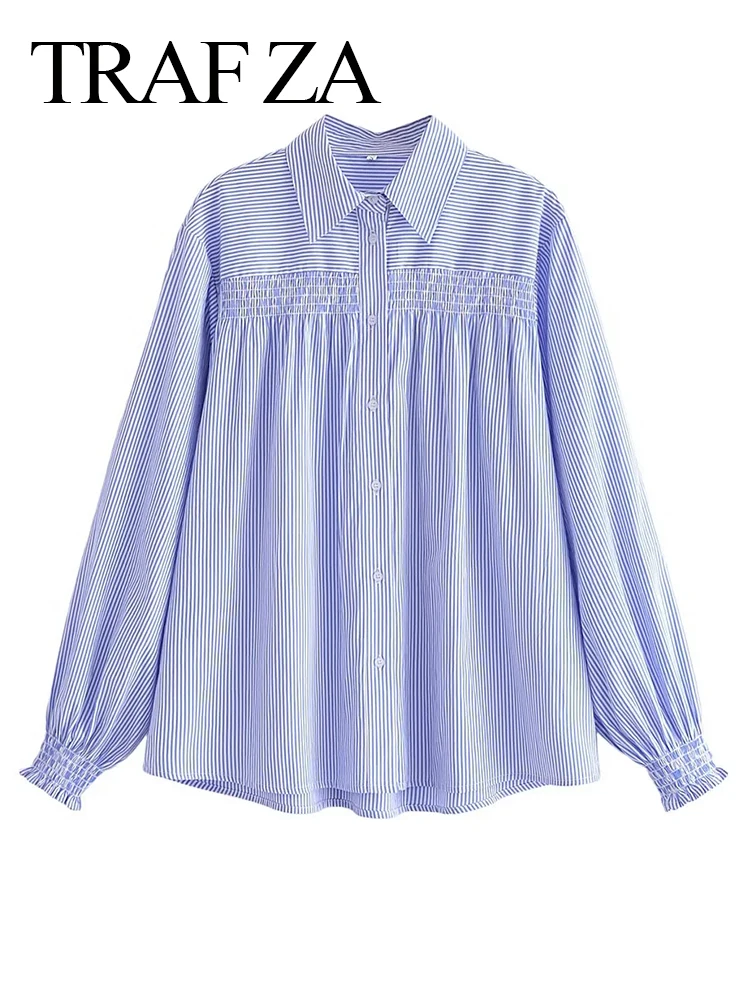 TRAF ZA Mulheres Casual Tendência Sênior Azul E Branco Camisa Listrada Elegante Puff Manga Solta Moda Suburbano Punho Elástico Blusa Imagem 1