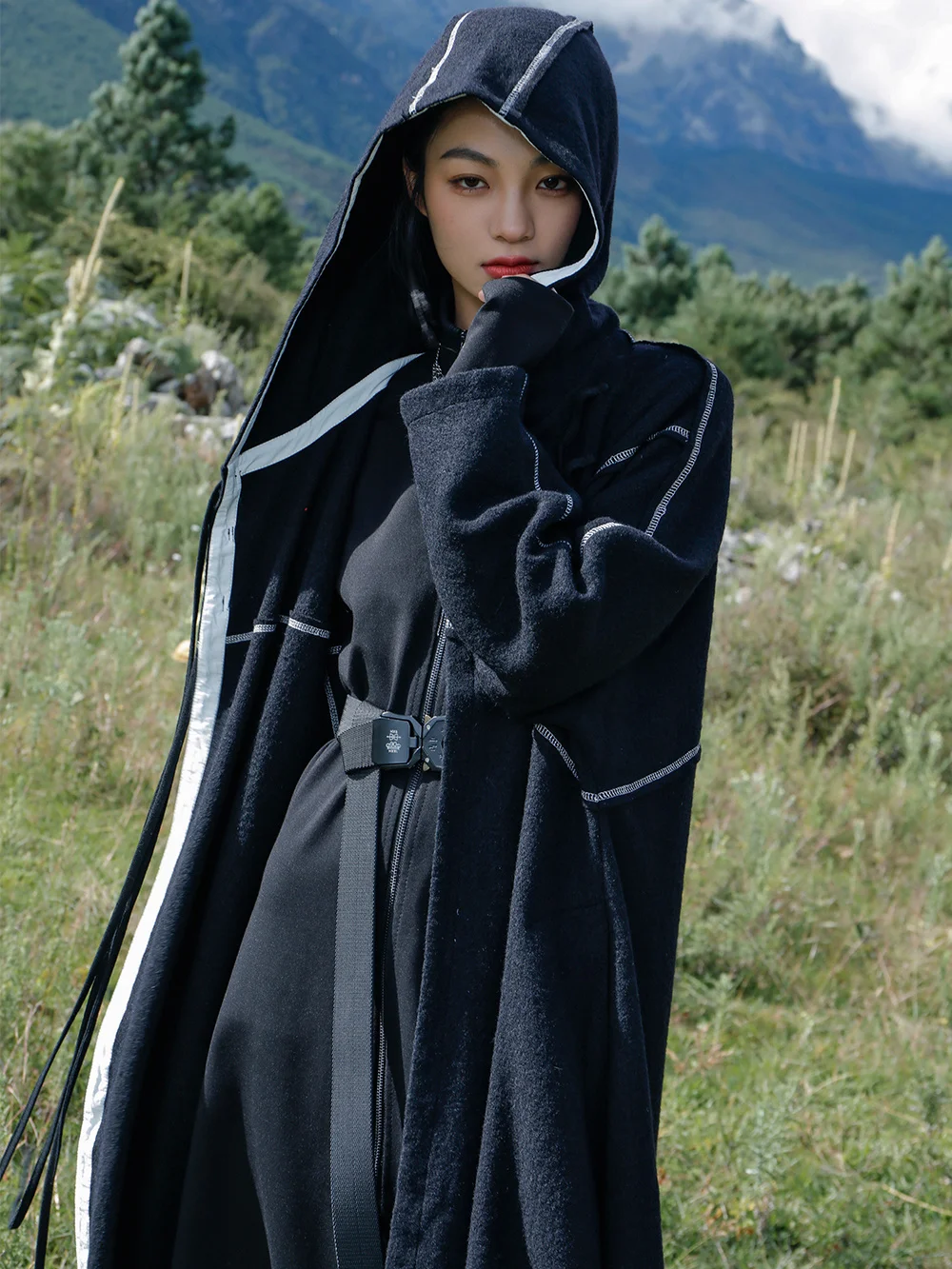 UMI MAO Yamamoto Escuro Design Com 40% de Lã Casaco de Tweed Mulheres de Inverno Irregular, de Cor Colisão com Capuz Casaco Feminino Sobretudo Imagem 1