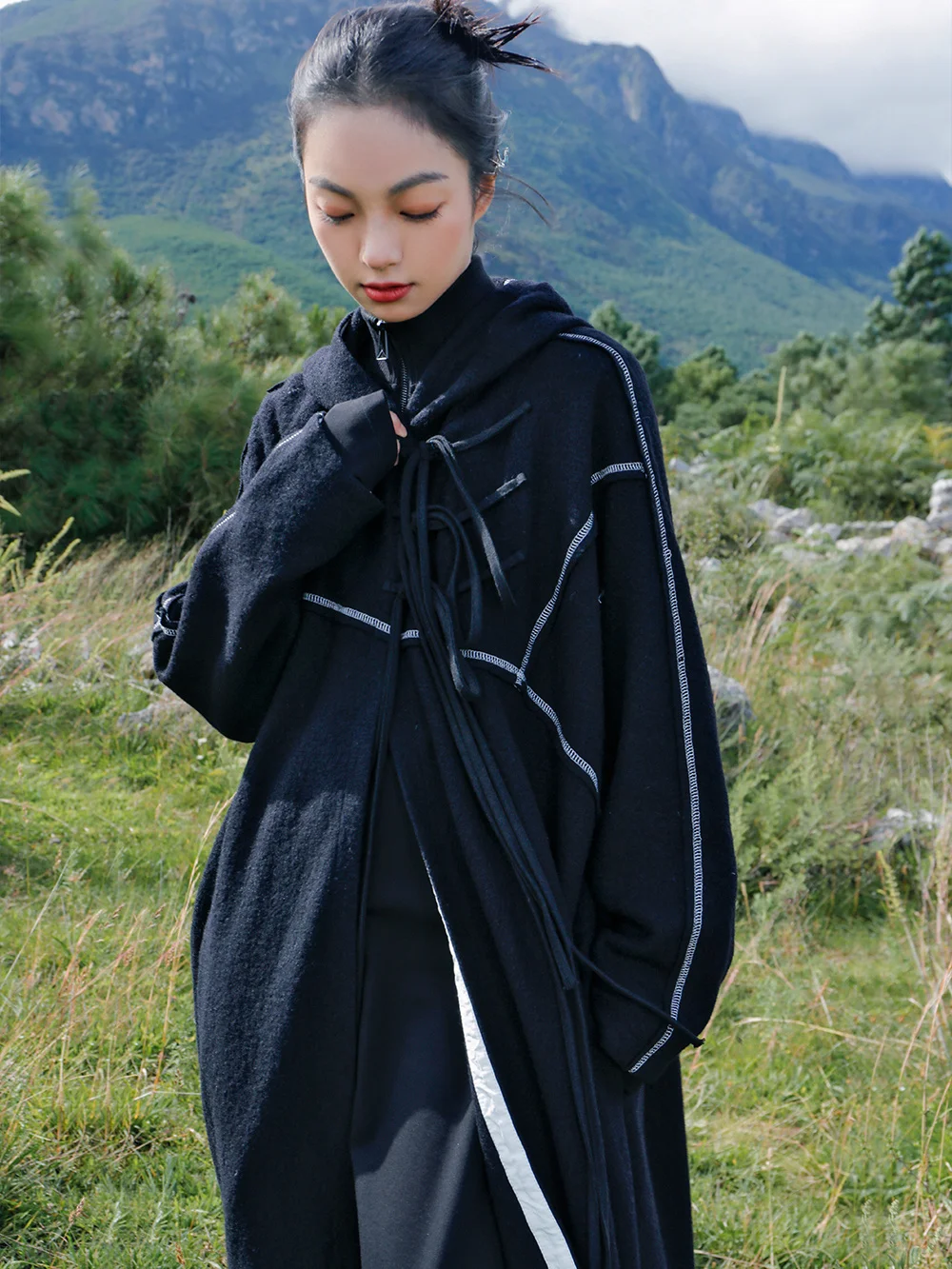 UMI MAO Yamamoto Escuro Design Com 40% de Lã Casaco de Tweed Mulheres de Inverno Irregular, de Cor Colisão com Capuz Casaco Feminino Sobretudo Imagem 2