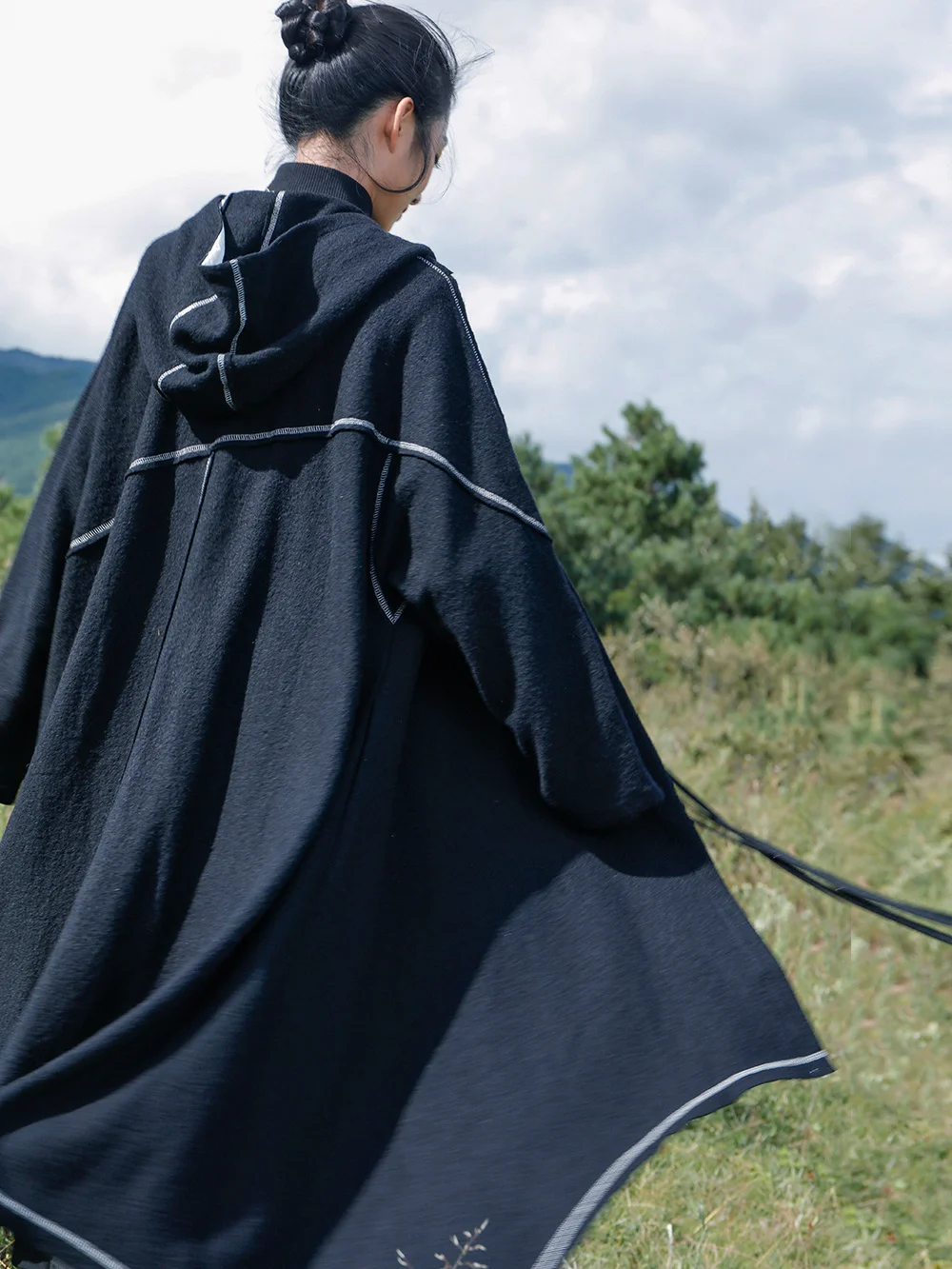 UMI MAO Yamamoto Escuro Design Com 40% de Lã Casaco de Tweed Mulheres de Inverno Irregular, de Cor Colisão com Capuz Casaco Feminino Sobretudo Imagem 3