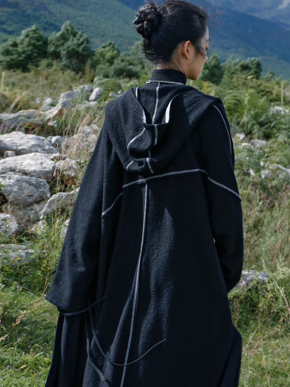 UMI MAO Yamamoto Escuro Design Com 40% de Lã Casaco de Tweed Mulheres de Inverno Irregular, de Cor Colisão com Capuz Casaco Feminino Sobretudo Imagem 4