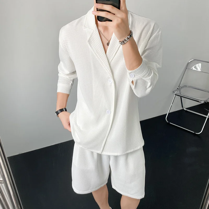 Verão Preto/Branco Conjuntos de Moda masculina Camisa de manga comprida, Shorts de Duas peças Homens coreano Casual Solta Xadrez Conjuntos de Terno de Mens M-2XL Imagem 1