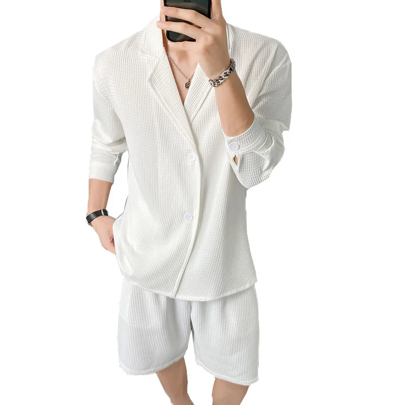 Verão Preto/Branco Conjuntos de Moda masculina Camisa de manga comprida, Shorts de Duas peças Homens coreano Casual Solta Xadrez Conjuntos de Terno de Mens M-2XL Imagem 4