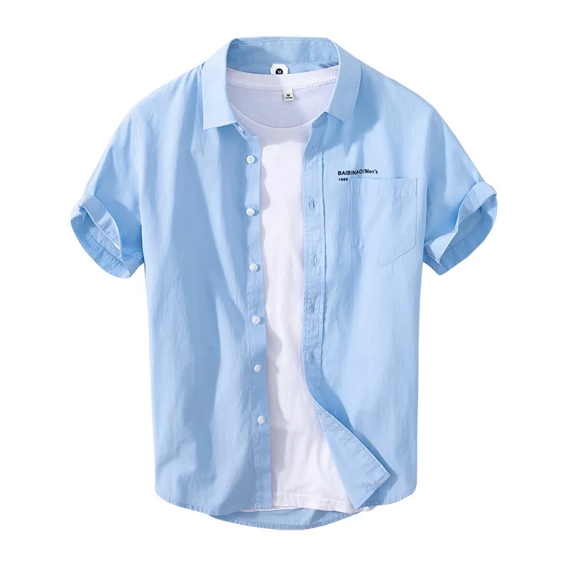 Verão, Primavera de Novos Homens de Cor Sólida Cinco-ponto de Manga de Camisa Casual manga Curta Bolso da Camisa de Trabalho vestem-se de Branco o Azul GC-1610 Imagem 5
