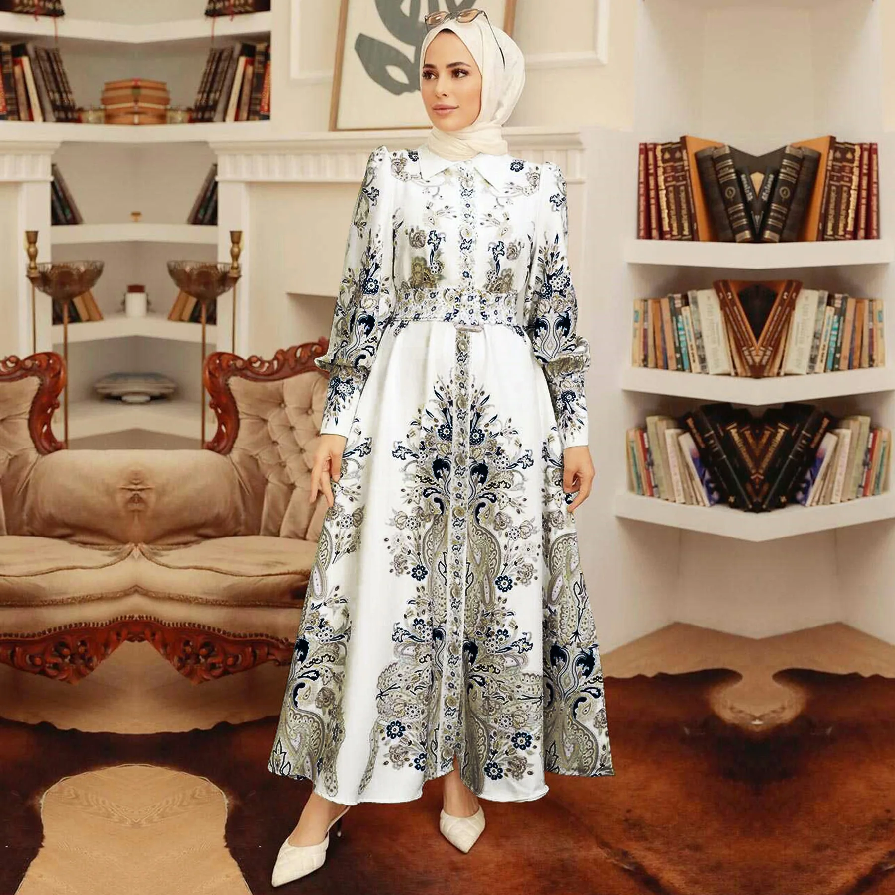 Wepbel Abaya Muçulmanos Indonésios Impresso Vestido De Árabe Mulheres Islâmicas Roupas De Manga Longa De Cintura Alta Caftan Manto Abaya Ramadã Maxi Imagem 1