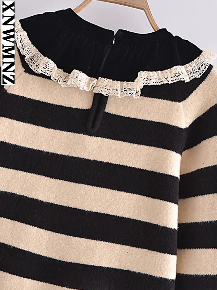 XNWMNZ malhas Mulheres 2022 moda com veludo arco suéter de malha vintage gola peter pan manga longa feminina 