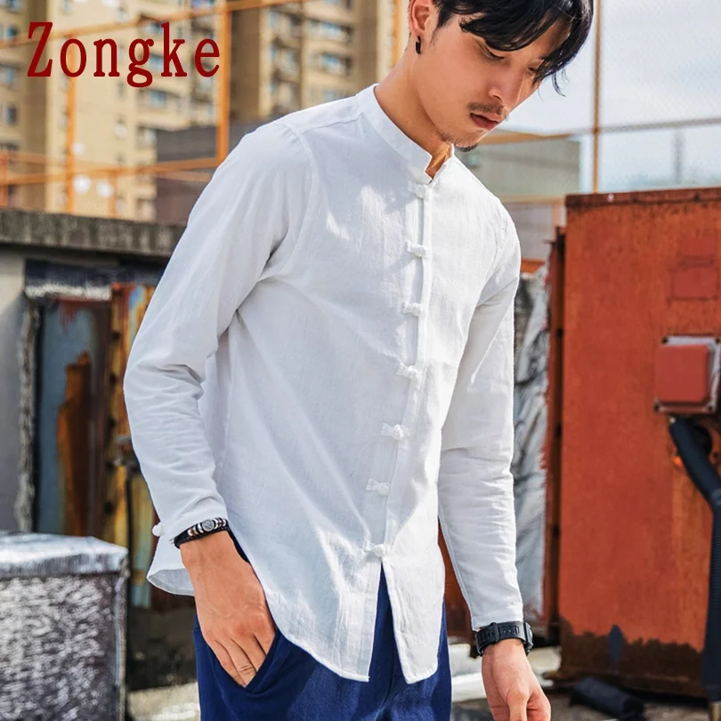 Zongke 2022 Primavera de um Novo Sólido Casual Camisa de Manga Longa e Homens de Ajuste Fino de Algodão, de Linho, Camisa de Homens do sexo Masculino da Marca de Roupas Plus Size M-5XL Imagem 4