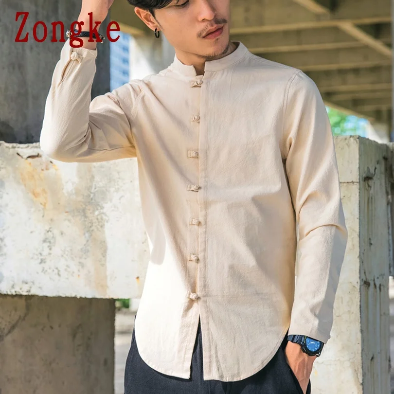 Zongke 2022 Primavera de um Novo Sólido Casual Camisa de Manga Longa e Homens de Ajuste Fino de Algodão, de Linho, Camisa de Homens do sexo Masculino da Marca de Roupas Plus Size M-5XL Imagem 5