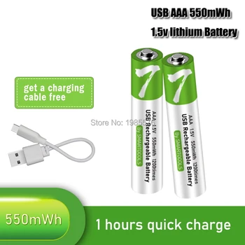 100% de capacidade de 1,5 V 550mwh AAA Bateria do li-íon bateria do li-polímero com USB bateria de lítio recarregável usb bateria + cabo USB 1