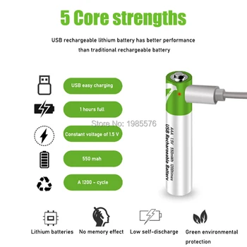 100% de capacidade de 1,5 V 550mwh AAA Bateria do li-íon bateria do li-polímero com USB bateria de lítio recarregável usb bateria + cabo USB 2