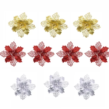 10pcs/lot 10 cm de Natal Artificial Flores Glitter Leiteira para Enfeites de Árvore de Natal de Plástico Falso Decoração de Flores
