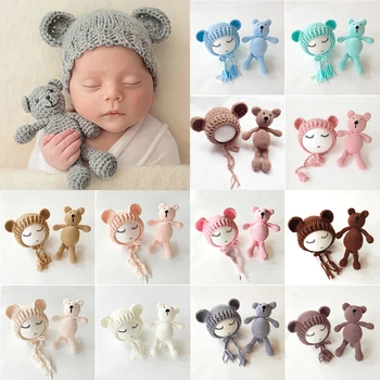 11 de Lã, Chapéu de Malha + Urso bonecas / Set Para o Recém-nascido Fotografia Adereços Menina de Fotos de Acessórios de Fotografia Photoshoot Pac