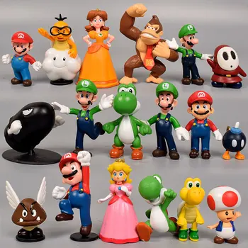 18pcs/set Super Mario Bros Figuras de Ação do Anime Modelo Boneca Luigi, Yoshi, Bowser PVC Coleção de Enfeites de Brinquedos para as Crianças Terno Presentes