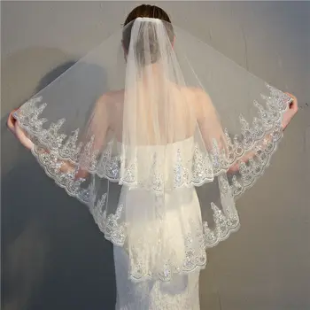 2-camada de renda de lantejoulas 90 cm de comprimento vestido de noiva com pente de casamento / acessórios véu de noiva 1