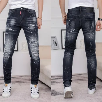 2020 Alta qualidade jeans penal Europeu D2 marca italiana de jeans elástico jeans de brim do denim, calças de zíper lápis, calças