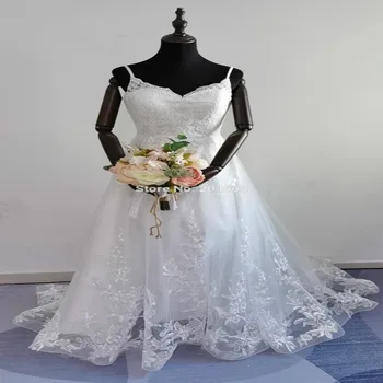 2021 Elegante Uma Linha de Decote em V Vestido de Noiva de Renda Com Cintas de Espaguete Vestido De Noiva com Faísca de Tule