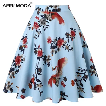 2021 Outono de 50, 60 Vintage Retro Casual, Saia de Moda de Lady Bird Animal Print Floral Cintura Alta Plissado Flare Midi Skatista