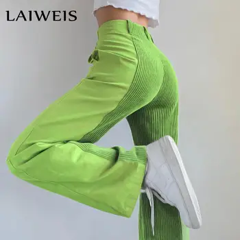 2021 Patchwork Reta Mulheres de Calças Soltas de Cintura Alta harajuku y2k Jeans Verde de Moda Streetwear Calças de Algodão Calças de Veludo cotelê 1