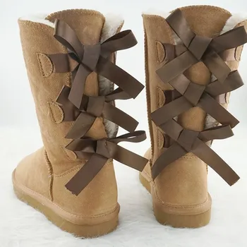 2022 Clássico da Moda de Inverno Bowknot de Couro Genuíno de Alta Mulher Botas de Neve Grosso de Pelúcia Dentro de Sapatos femininos Quente Sapatos