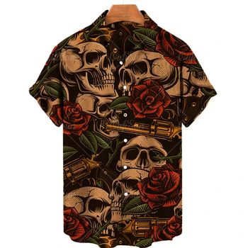 2022 Nova Camisa dos Homens do Crânio de Impressão Camisa Havaiana de Moda Casual para Homens E Mulheres Tops Single-breasted Verão Mangas Curtas 5xl