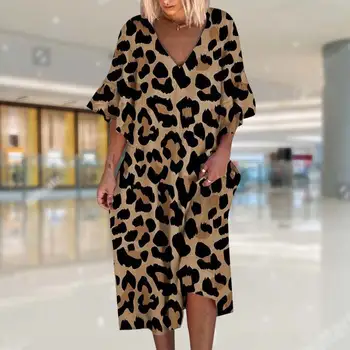 2022 Nova Moda De Verão De Mulheres Solta Boho Elegante Vestido Grande Festa Plissado Manga Vestidos De Estampa De Leopardo
