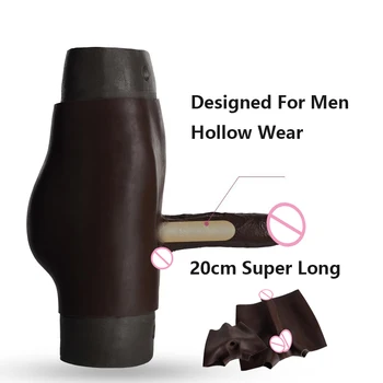 20cm Longa Super Macio Realista Cinta no Vibrador de Silicone Oca Pênis usar Calças Brinquedos Sexuais Para Homens Gays Cinto de Castidade Produtos para Adultos