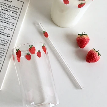300ml de verre fraise nana Morango Bonito Copo de Vidro Com Palha Criativo Transparente Copo de Água Estudante de Leite de Vidro Resistente ao Calor