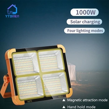 500W Portátil Exterior Solar da Luz de Inundação do USB Recarregável, Impermeável Lâmpada de Acampamento 4 Modos de Luz 12500mAh Trabalho de Construção Luzes