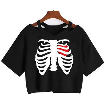 90 Y2k Superior Estética Roupas Esqueleto de T-Shirt das Mulheres Grunge Kawaii Top de Cultura Punk T-shirt Gráfica Tees Cortada Feminino