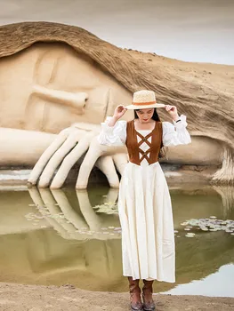 AIGYPTOS Primavera, Outono Elegante Maxi Vestido Para as Mulheres do Vintage da Baviera Pastoral Estilo Camurça Marrom com Retalhos de Algodão E Linho Vestido