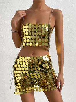 Artesanal de Ouro Tira o Tom de Glitter Disco do Corpo de Correntes para Mulheres Sexy Lantejoulas Camisole Bras Cadeia de Biquíni Cadeia Festa de Mini Saia 2022