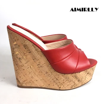 As mulheres da Cunha Sandálias de Salto Alto Sapatos de Plataforma Peep Toe Chinelo Vermelho Senhoras de Verão Casual Mulas Calçado 1