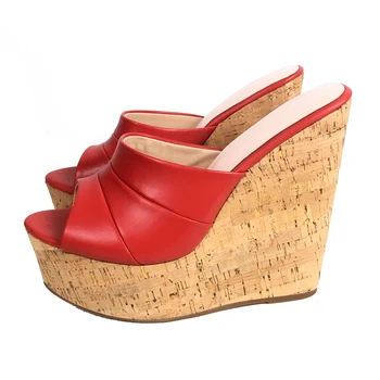 As mulheres da Cunha Sandálias de Salto Alto Sapatos de Plataforma Peep Toe Chinelo Vermelho Senhoras de Verão Casual Mulas Calçado 2