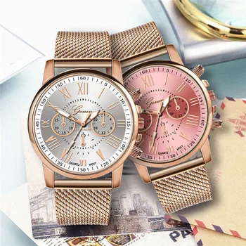 As Mulheres de luxo Relógios de Genebra de Ouro Rosa de Malha Banda de Quartzo Relógios de pulso das Mulheres Montre Femme montres femme 2020 dames horloge