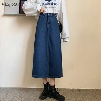 As mulheres Saias Clássicas de Cintura Alta Vintage Meados de bezerro Sólido Botão de Uma linha de Divisão de Design coreano Estilo Harajuku Todos-correspondência de Lazer Ins 1