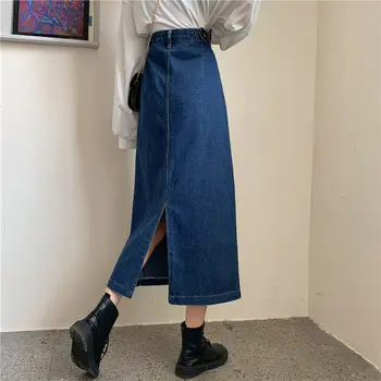 As mulheres Saias Clássicas de Cintura Alta Vintage Meados de bezerro Sólido Botão de Uma linha de Divisão de Design coreano Estilo Harajuku Todos-correspondência de Lazer Ins 2