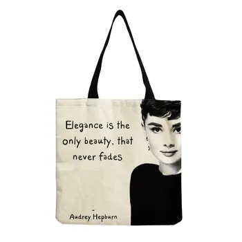 Audrey Hepburn Citações Elegante Bolsa De Linho, De Grande Capacidade E De Alta Qualidade Ombro Tote Carta Saco De Compras Fêmea Padrão Personalizado