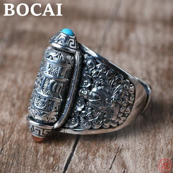 BOCAI S925 de Anéis de Prata Esterlina Auspicioso Nuvem de Amitabha de Seis Sílabas do Mantra Rotativo Ornamentos Puro Argentum Amuleto para Homens 1