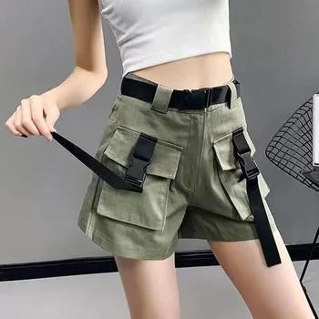 Bolso ferramentas shorts feminino de verão casuais novo cintura alta shorts em linha reta