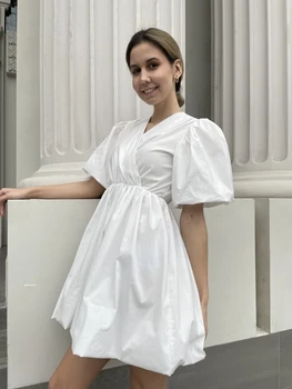 Branco, a Princesa Vestido de Festa da Mulher Doce de Manga Curta, Decote em v Cintura Alta Moda Desgaste da Noite 2022 Verão novidades