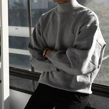 Camiseta masculina manga Longa Solta Estilo coreano Outono Tendência Plus de Lã de Gola alta Jaqueta de Homens Vestuário