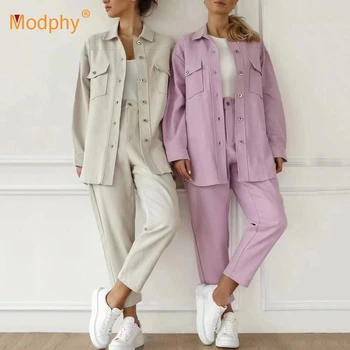 Casual, feminino 2 peças de Moda Pantsuit Simples de Cor Sólida camisa Solta top de Manga Longa + Calça Conjuntos de Calças de Streetwear 2021