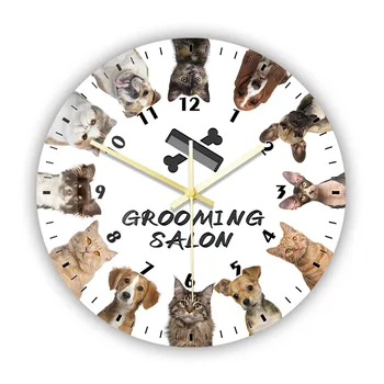 Cat E Dog Grooming Salão de Impressão Personalizadas Relógio de Parede para a Clínica veterinária Pet Rastelo Loja de Parede Decorativos Sinal de Silêncio Relógio de Parede