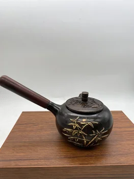 China bronze bronze Dourado Longo cabo de madeira pote de Chá, Chaleira Bule de chá De Água Fervente Chaleira Decoração Enfeite pote de decoração