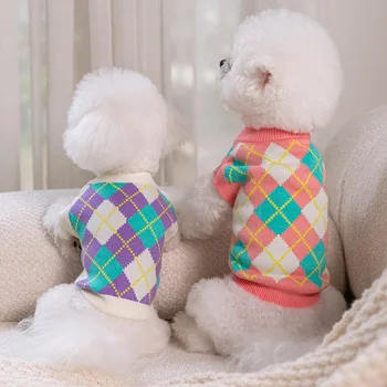 Colorido Diamante Xadrez Cachorro Camisola de Outono Inverno Quente Cão Roupas de Malhas de Pet Teddy Moda Pulôver de Duas pernas Roupas