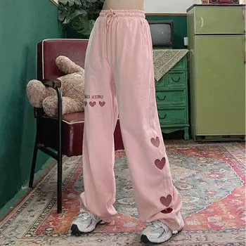 Cordão Harajuku Calças De Streetwear Mulheres Oversize Cintura Alta Largura De Perna Calças Estética Reta Coreano De Moda De Nova 2021