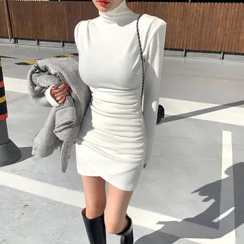 Coreia Senhora Sexy Bodycon Vestido de 2022 Outono, Moda de inverno Gola Manga Longa Slim Bainha Ruched Vestidos de Festa Vestidos
