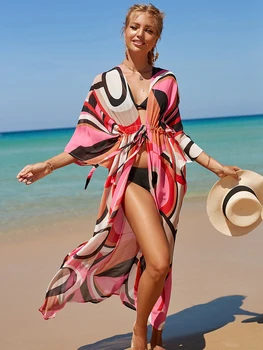 Cover-Up Imprimir Chiffon Praia Quimono Kaftan Boho Vestido de roupa de praia Túnica de Frente para a Praia, Abrir o Cinto de Praia, Roupa de Maiô Cobrir